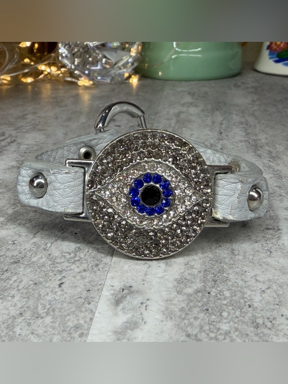 Evil Eye Bracelet Rhinestone Leather Band Silver Tone Jewelry